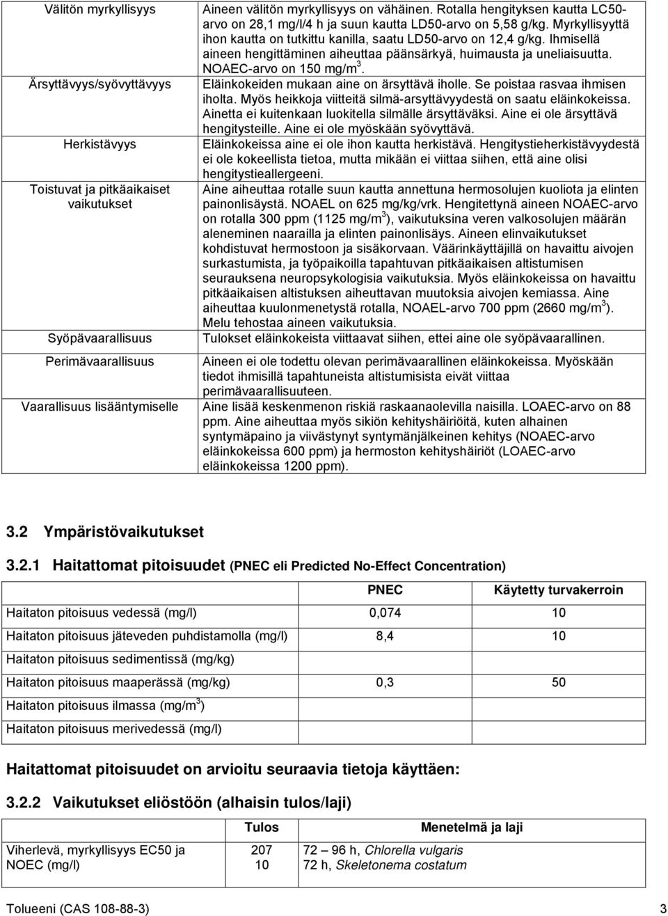 Ihmisellä aineen hengittäminen aiheuttaa päänsärkyä, huimausta ja uneliaisuutta. NOAEC-arvo on 150 mg/m 3. Eläinkokeiden mukaan aine on ärsyttävä iholle. Se poistaa rasvaa ihmisen iholta.