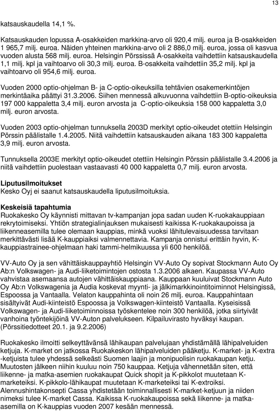 kpl ja vaihtoarvo oli 954,6 milj.. Vuoden 2000 optio-ohjelman B- ja C-optio-oikeuksilla tehtävien osakemerkintöjen merkintäaika päättyi 31.3.2006.