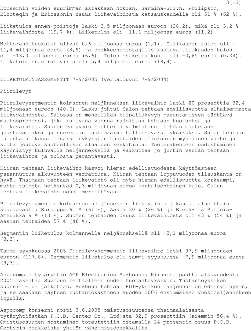 Tilikauden tulos oli - 11,4 miljoonaa euroa (8,9) ja osakkeenomistajille kuuluva tilikauden tulos oli -13,0 miljoonaa euroa (6,6). Tulos osaketta kohti oli -0,65 euroa (0,34).