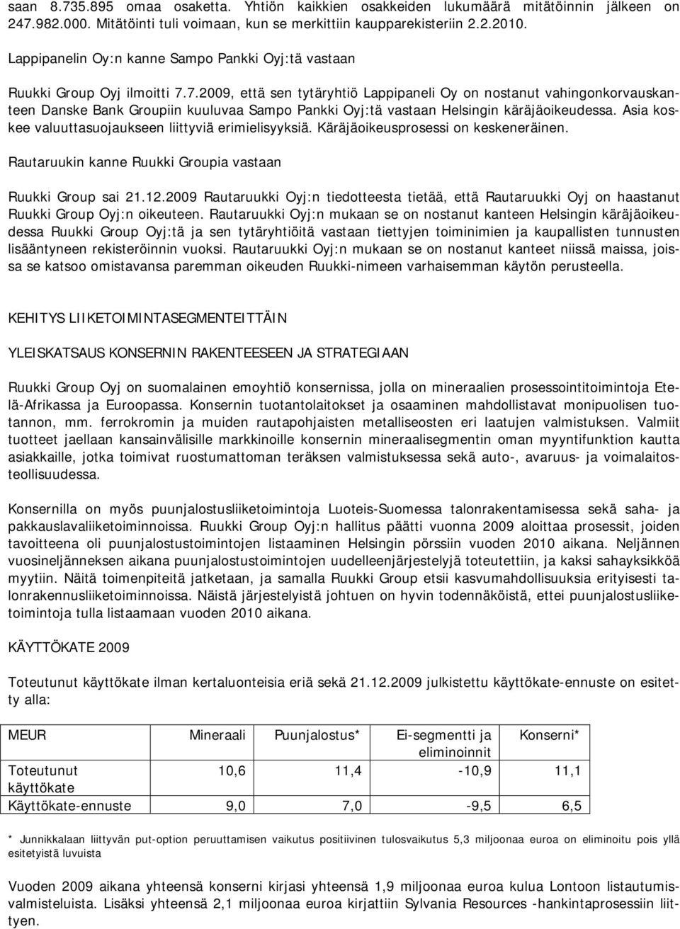 7.2009, että sen tytäryhtiö Lappipaneli Oy on nostanut vahingonkorvauskanteen Danske Bank Groupiin kuuluvaa Sampo Pankki Oyj:tä vastaan Helsingin käräjäoikeudessa.