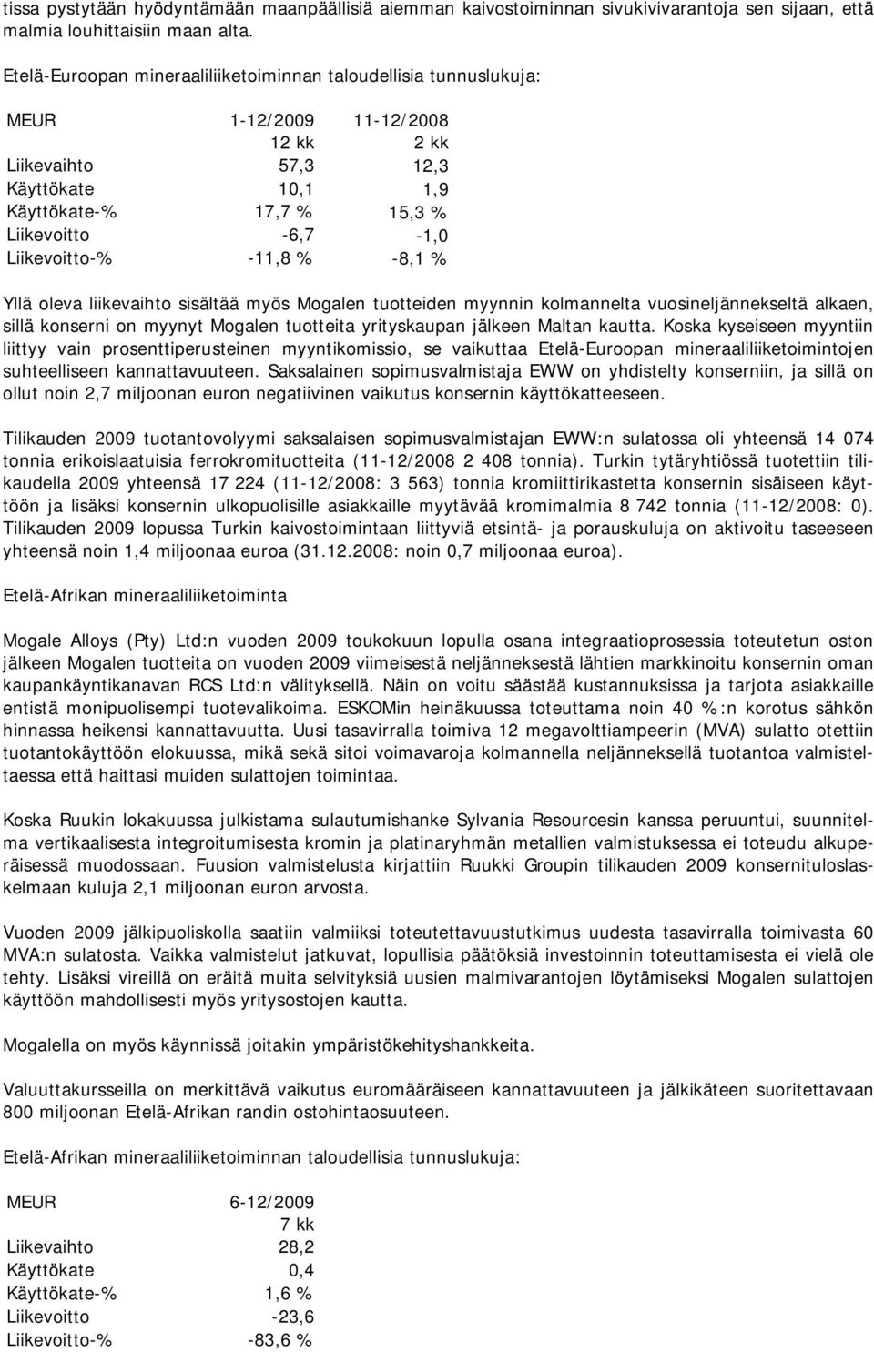 Liikevoitto-% -11,8 % -8,1 % Yllä oleva liikevaihto sisältää myös Mogalen tuotteiden myynnin kolmannelta vuosineljännekseltä alkaen, sillä konserni on myynyt Mogalen tuotteita yrityskaupan jälkeen