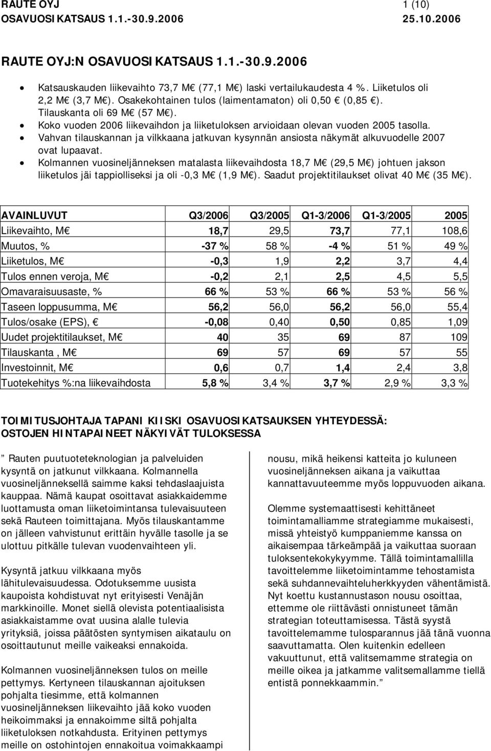 Koko vuoden 2006 liikevaihdon ja liiketuloksen arvioidaan olevan vuoden 2005 tasolla. Vahvan tilauskannan ja vilkkaana jatkuvan kysynnän ansiosta näkymät alkuvuodelle 2007 ovat lupaavat.