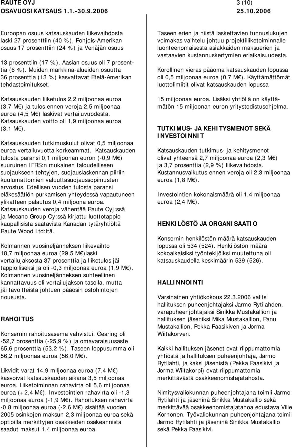 Katsauskauden liiketulos 2,2 miljoonaa euroa (3,7 M ) ja tulos ennen veroja 2,5 miljoonaa euroa (4,5 M ) laskivat vertailuvuodesta. Katsauskauden voitto oli 1,9 miljoonaa euroa (3,1 M ).