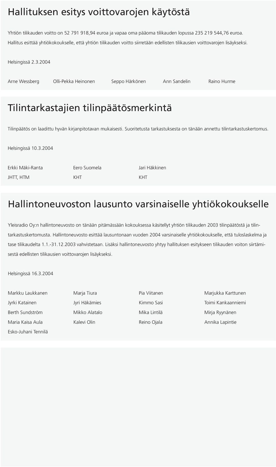 2004 Arne Wessberg Olli-Pekka Heinonen Seppo Härkönen Ann Sandelin Raino Hurme Tilintarkastajien tilinpäätösmerkintä Tilinpäätös on laadittu hyvän kirjanpitotavan mukaisesti.
