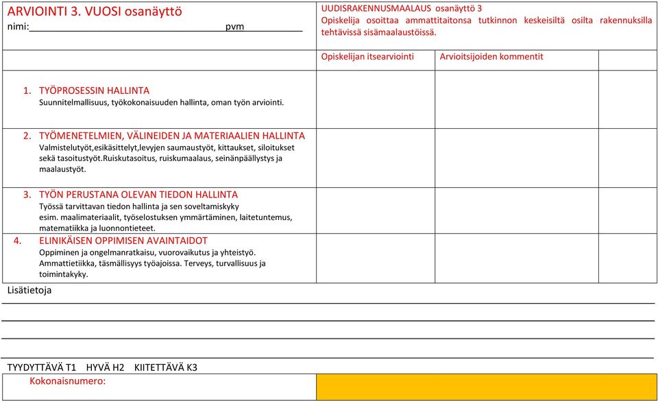 ruiskutasoitus, ruiskumaalaus, seinänpäällystys ja maalaustyöt. Työssä tarvittavan tiedon hallinta ja sen soveltamiskyky esim.