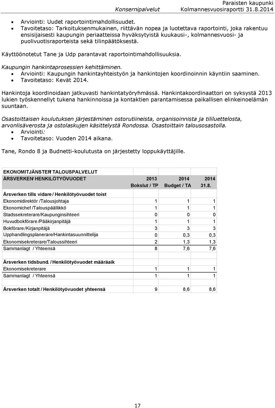 sekä tilinpäätöksestä. Käyttöönotetut Tane ja Udp parantavat raportointimahdollisuuksia. Kaupungin hankintaprosessien kehittäminen.