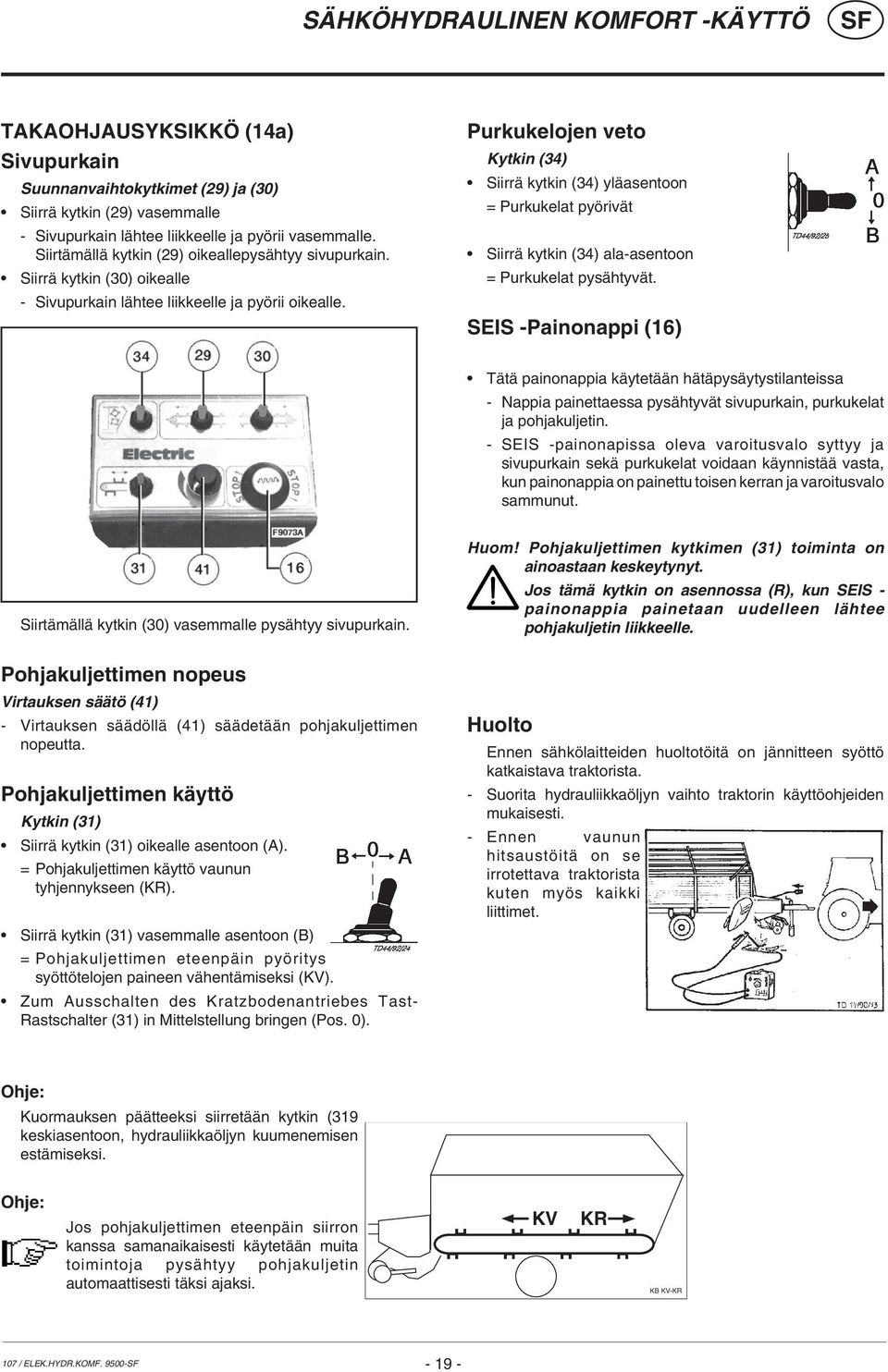 Purkukelojen veto Kytkin (34) Siirrä kytkin (34) yläasentoon = Purkukelat pyörivät Siirrä kytkin (34) ala-asentoon = Purkukelat pysähtyvät.