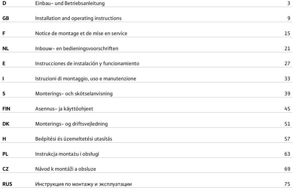 manutenzione 33 S Monterings- och skötselanvisning 39 FIN Asennus- ja käyttöohjeet 45 DK Monterings- og driftsvejledning 51 H