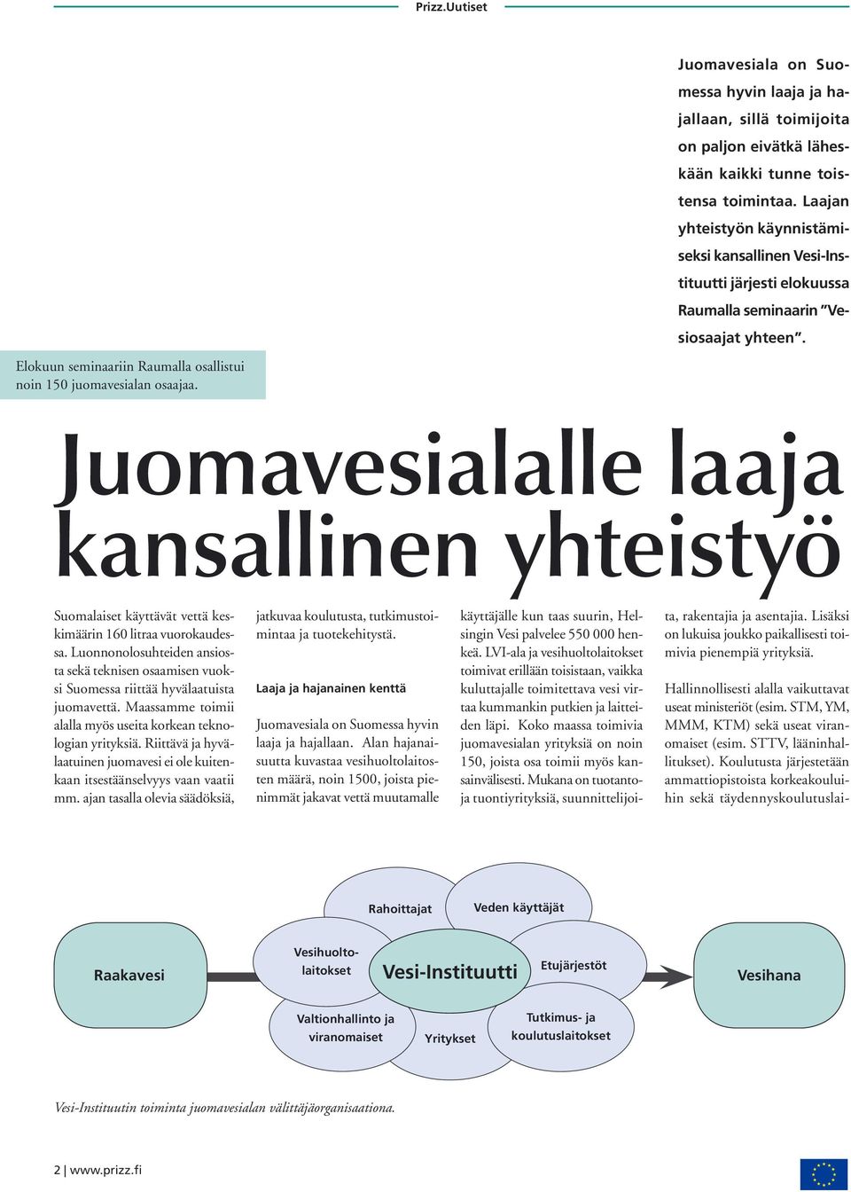 Juomavesialalle laaja kansallinen yhteistyö Suomalaiset käyttävät vettä keskimäärin 160 litraa vuorokaudessa.