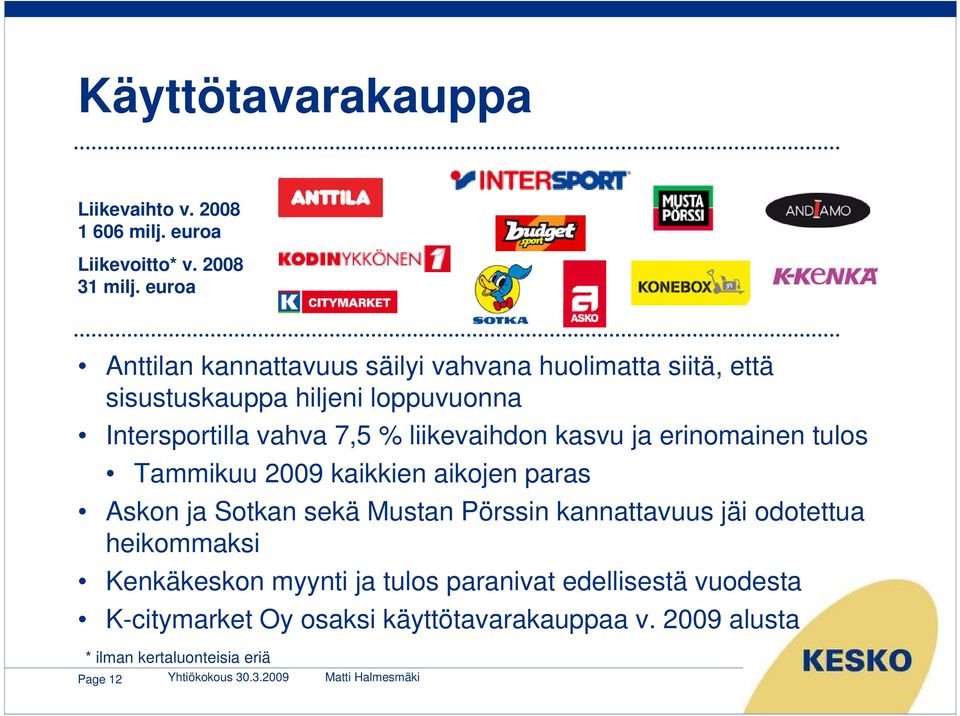 liikevaihdon kasvu ja erinomainen tulos Page 12 Tammikuu 2009 kaikkien aikojen paras Askon ja Sotkan sekä Mustan Pörssin