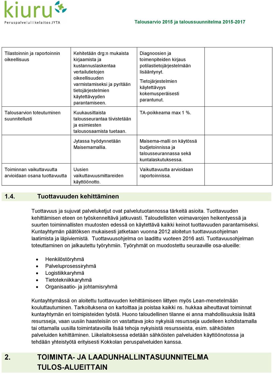 Jytassa hyödynnetään Maisemamallia. Uusien vaikuttavuusmittareiden käyttöönotto. Diagnoosien ja toimenpiteiden kirjaus potilastietojärjestelmään lisääntynyt.