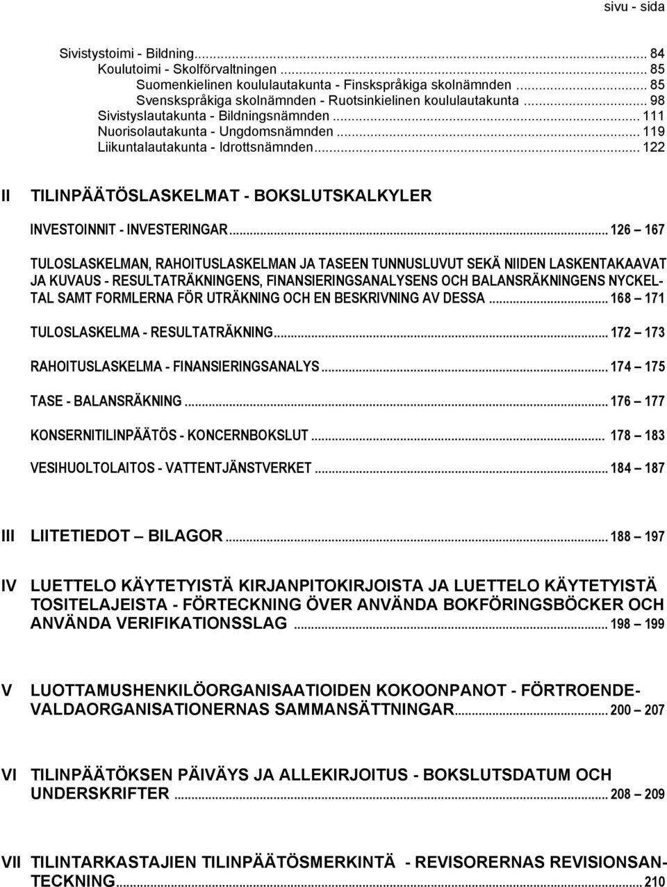 .. 122 II TILINPÄÄTÖSLASKELMAT - BOKSLUTSKALKYLER INVESTOINNIT - INVESTERINGAR.