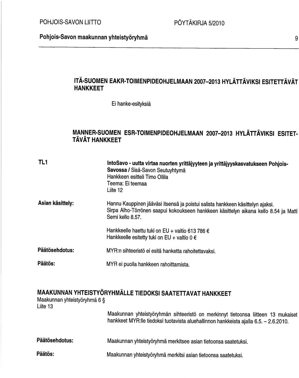 Kauppinen jääväsi itsensä ja poistui salista hankkeen käsittelyn ajaksi. Sirpa AIho-Törrönen saapui kokoukseen hankkeen käsittelyn aikana kello 8.54 ja Matti Semi kello 8.57.