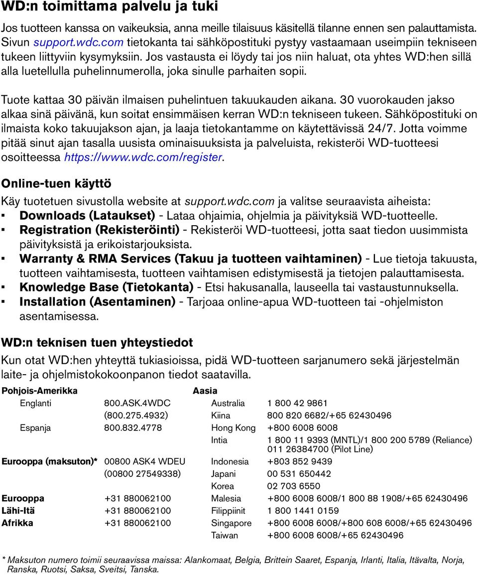 Jos vastausta ei löydy tai jos niin haluat, ota yhtes WD:hen sillä alla luetellulla puhelinnumerolla, joka sinulle parhaiten sopii. Tuote kattaa 30 päivän ilmaisen puhelintuen takuukauden aikana.