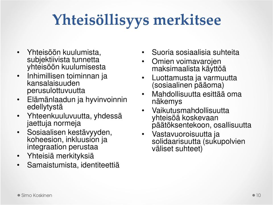 merkityksiä Samaistumista, identiteettiä Suoria sosiaalisia suhteita Omien voimavarojen maksimaalista käyttöä Luottamusta ja varmuutta (sosiaalinen pääoma)