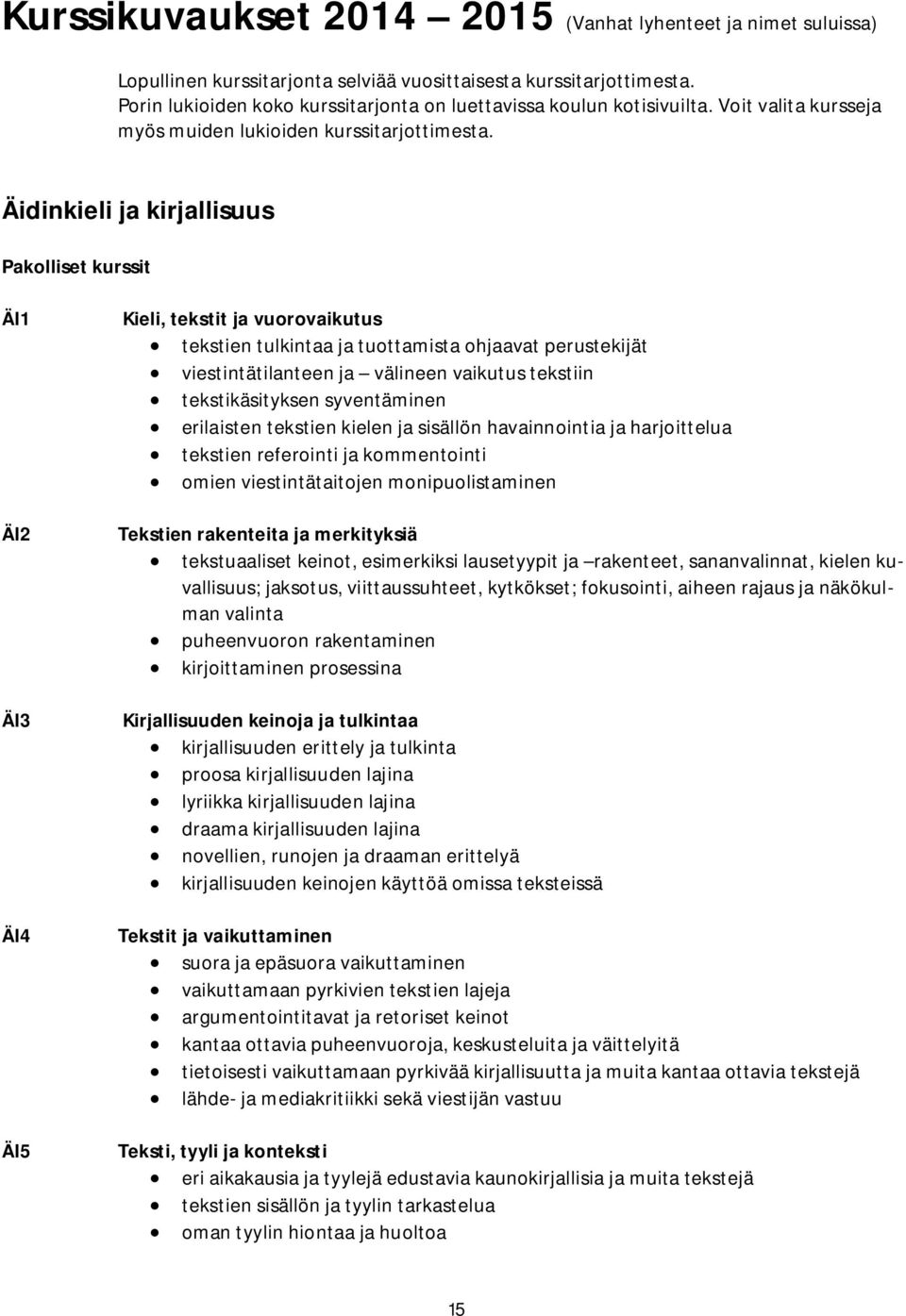 Äidinkieli ja kirjallisuus Pakolliset kurssit ÄI1 ÄI2 ÄI3 ÄI4 ÄI5 Kieli, tekstit ja vuorovaikutus tekstien tulkintaa ja tuottamista ohjaavat perustekijät viestintätilanteen ja välineen vaikutus