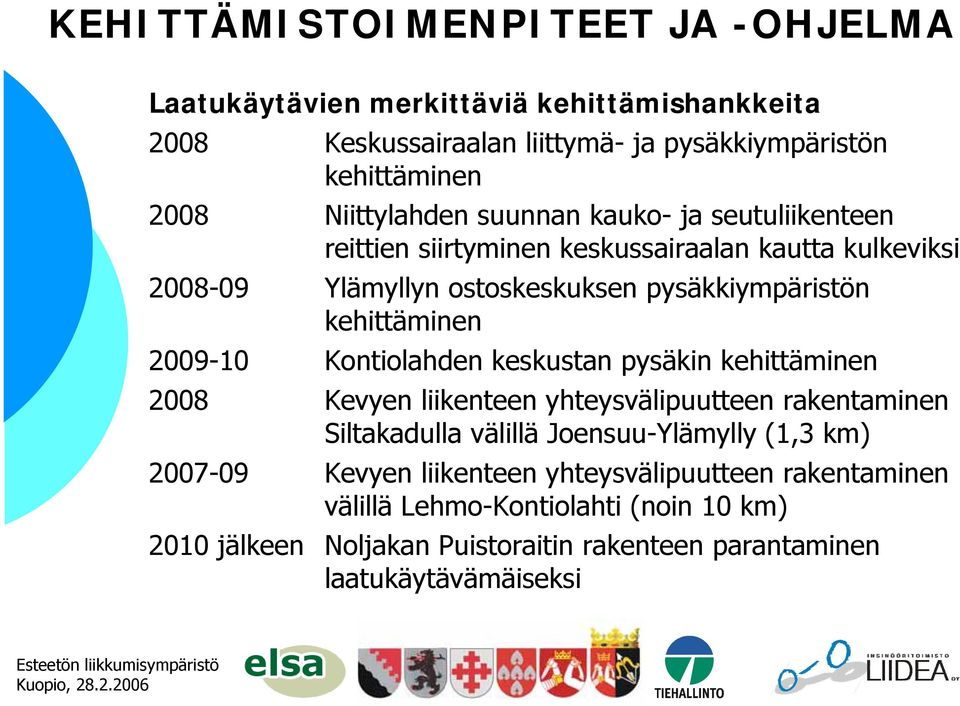 kehittäminen 2009-10 Kontiolahden keskustan pysäkin kehittäminen 2008 Kevyen liikenteen yhteysvälipuutteen rakentaminen Siltakadulla välillä Joensuu-Ylämylly