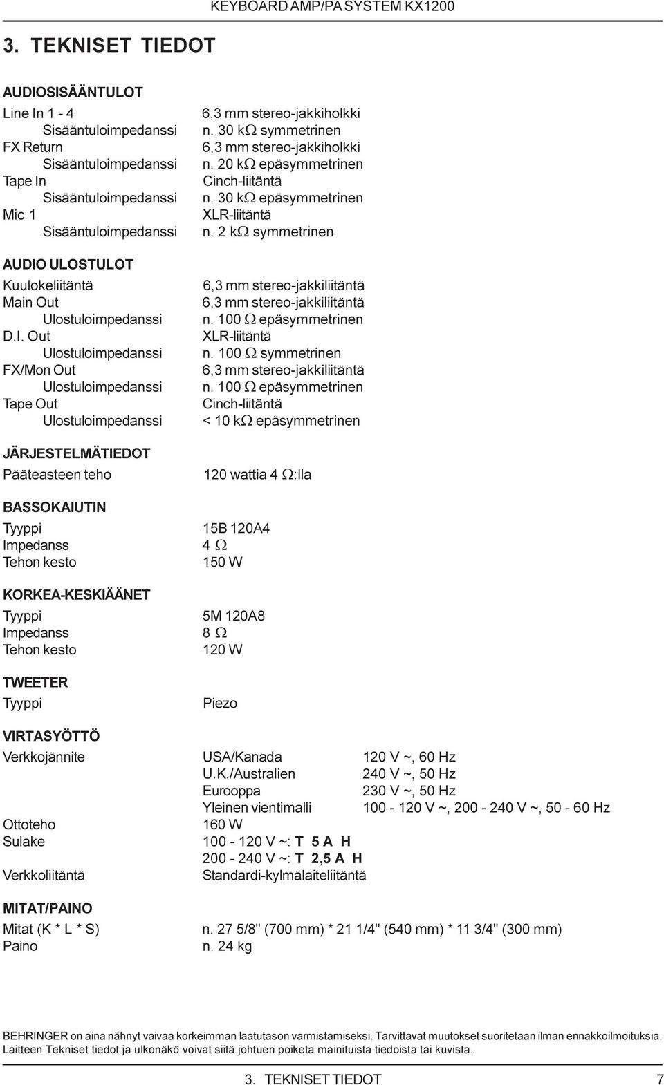 30 kw symmetrinen 6,3 mm stereo-jakkiholkki n. 20 kw epäsymmetrinen Cinch-liitäntä n. 30 kw epäsymmetrinen XLR-liitäntä n. 2 kw symmetrinen 6,3 mm stereo-jakkiliitäntä 6,3 mm stereo-jakkiliitäntä n.