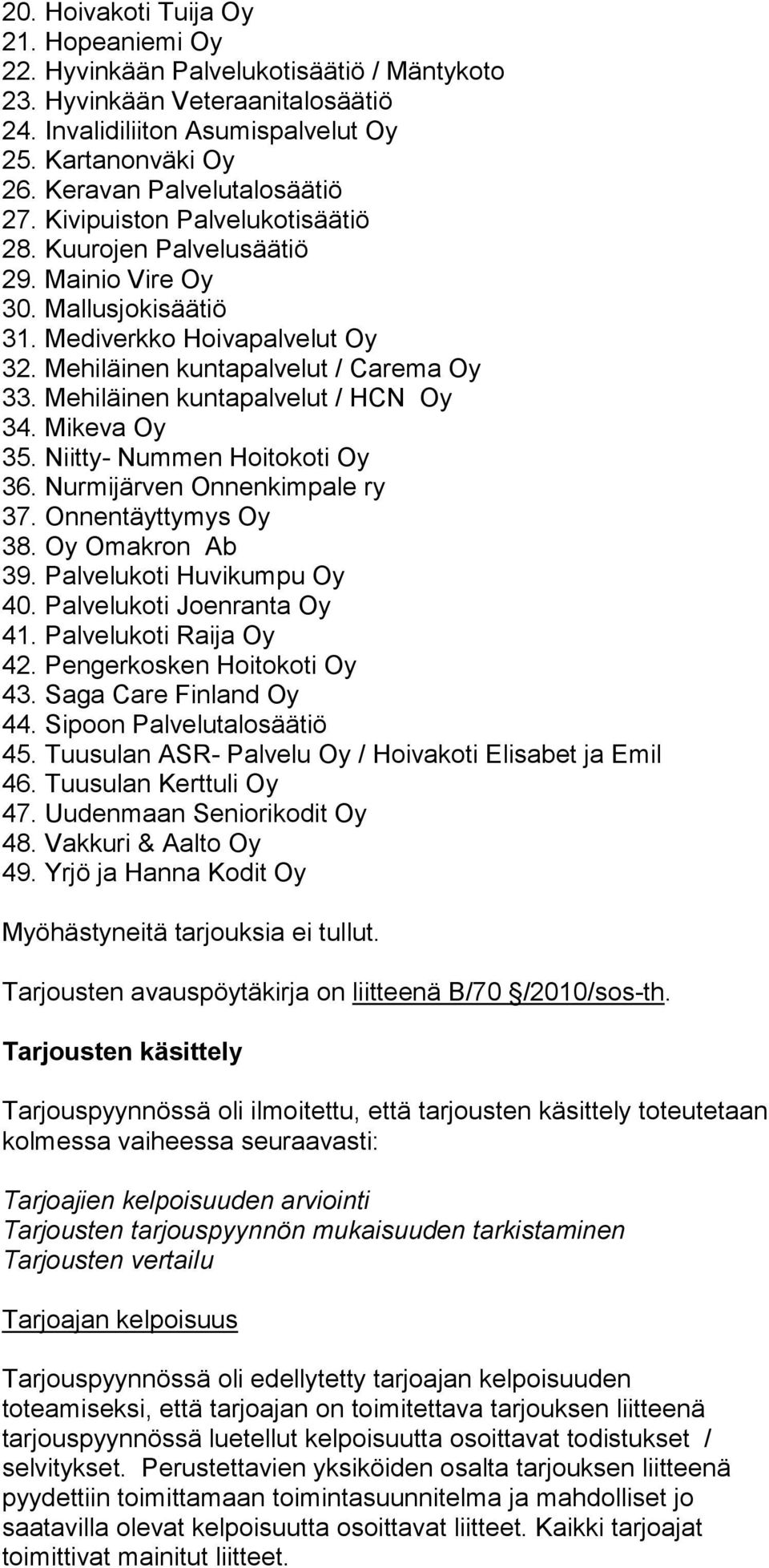 Mehiläinen kuntapalvelut / Carema Oy 33. Mehiläinen kuntapalvelut / HCN Oy 34. Mikeva Oy 35. Niitty- Nummen Hoitokoti Oy 36. Nurmijärven Onnenkimpale ry 37. Onnentäyttymys Oy 38. Oy Omakron Ab 39.