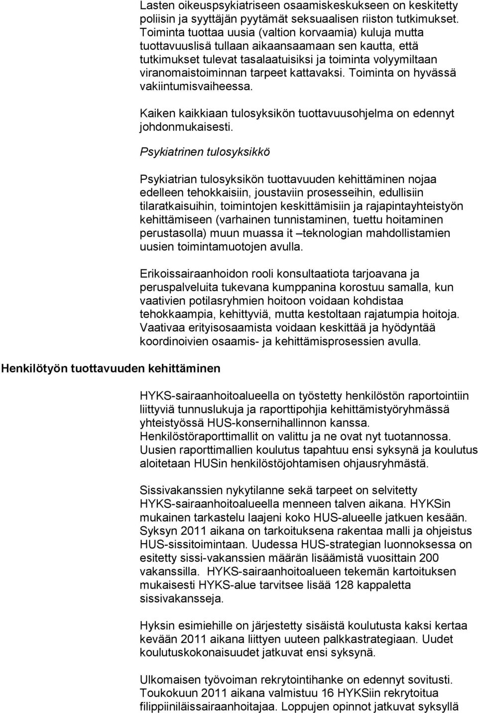 kattavaksi. Toiminta on hyvässä vakiintumisvaiheessa. Kaiken kaikkiaan tulosyksikön tuottavuusohjelma on edennyt johdonmukaisesti.