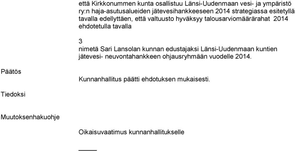 tavalla 3 nimetä Sari Lansolan kunnan edustajaksi Länsi-Uudenmaan kuntien jätevesi- neuvontahankkeen ohjausryhmään