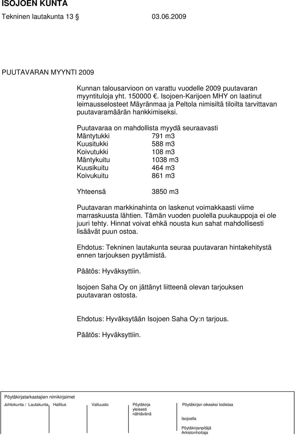 Puutavaraa on mahdollista myydä seuraavasti Mäntytukki 791 m3 Kuusitukki 588 m3 Koivutukki 108 m3 Mäntykuitu 1038 m3 Kuusikuitu 464 m3 Koivukuitu 861 m3 Yhteensä 3850 m3 Puutavaran markkinahinta on