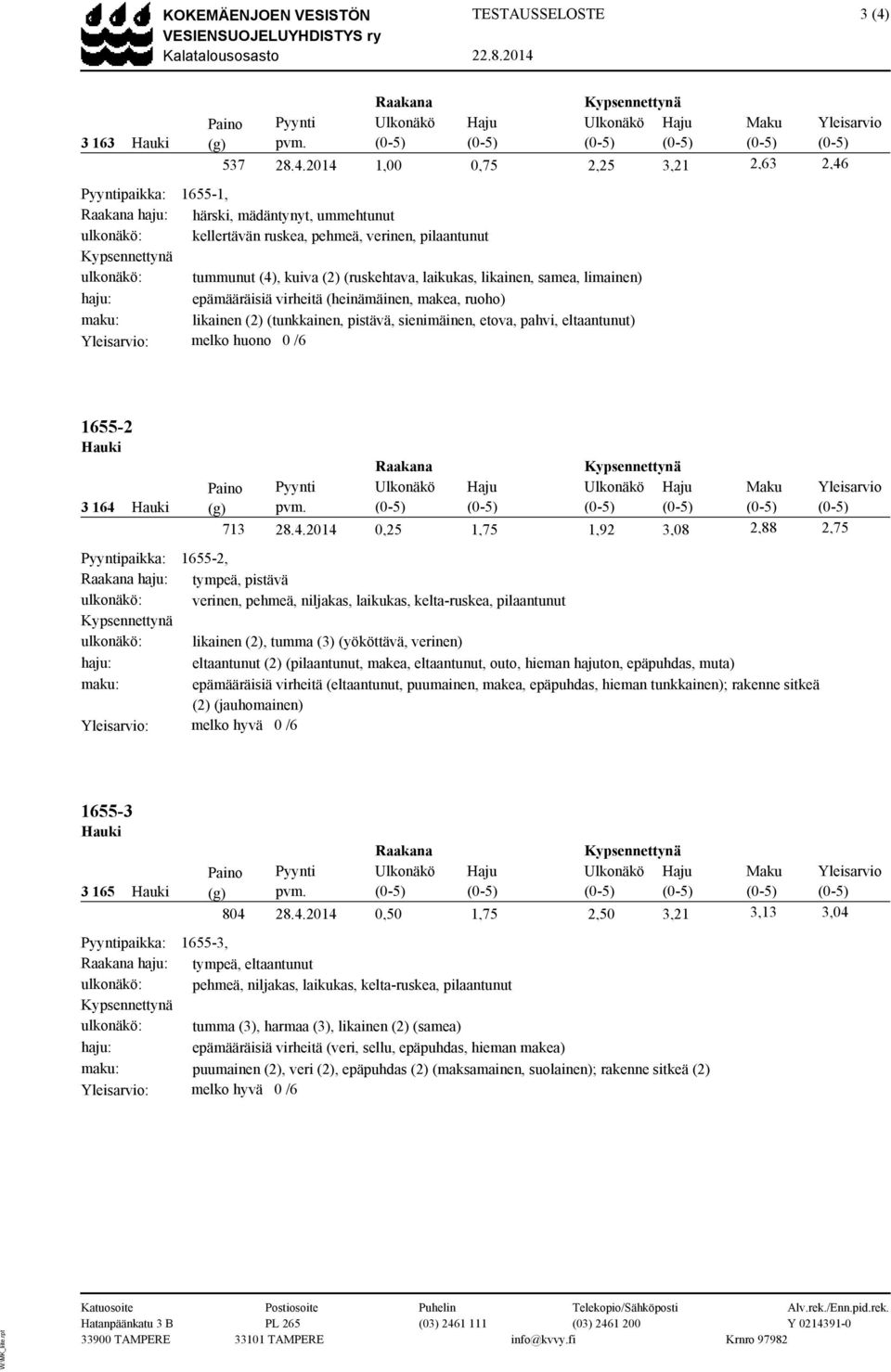 kellertävän ruskea, pehmeä, verinen, pilaantunut tummunut (4), kuiva (2) (ruskehtava, laikukas, likainen, samea, limainen) haju: epämääräisiä virheitä (heinämäinen, makea, ruoho) maku: likainen (2)