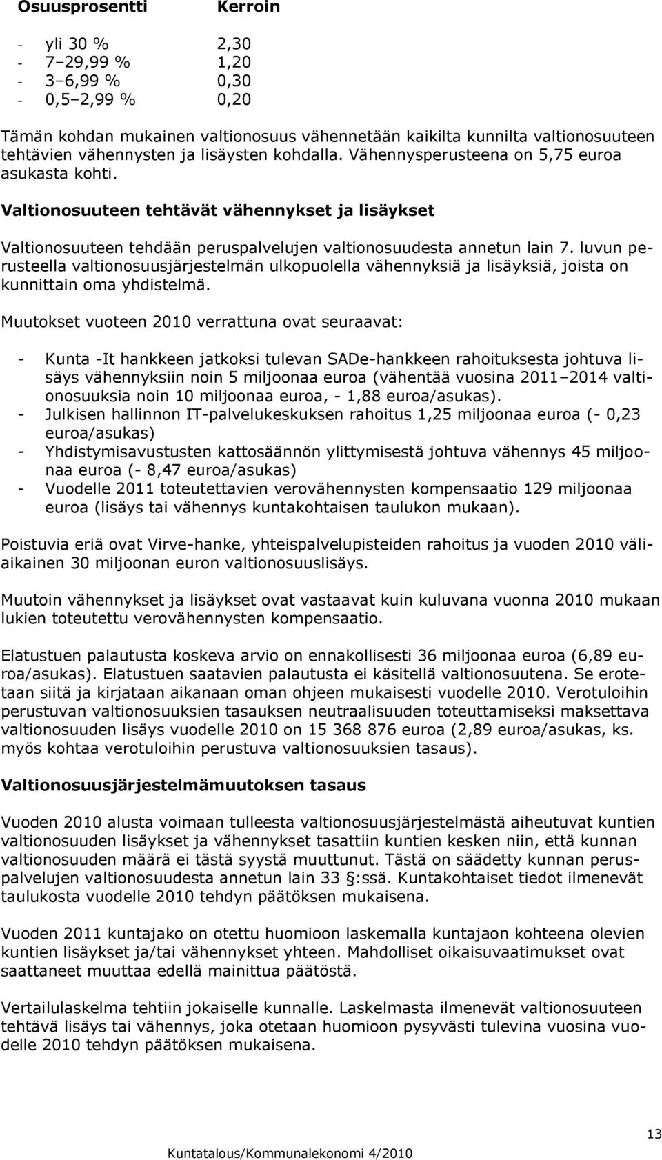 luvun perusteella valtionosuusjärjestelmän ulkopuolella vähennyksiä ja lisäyksiä, joista on kunnittain oma yhdistelmä.