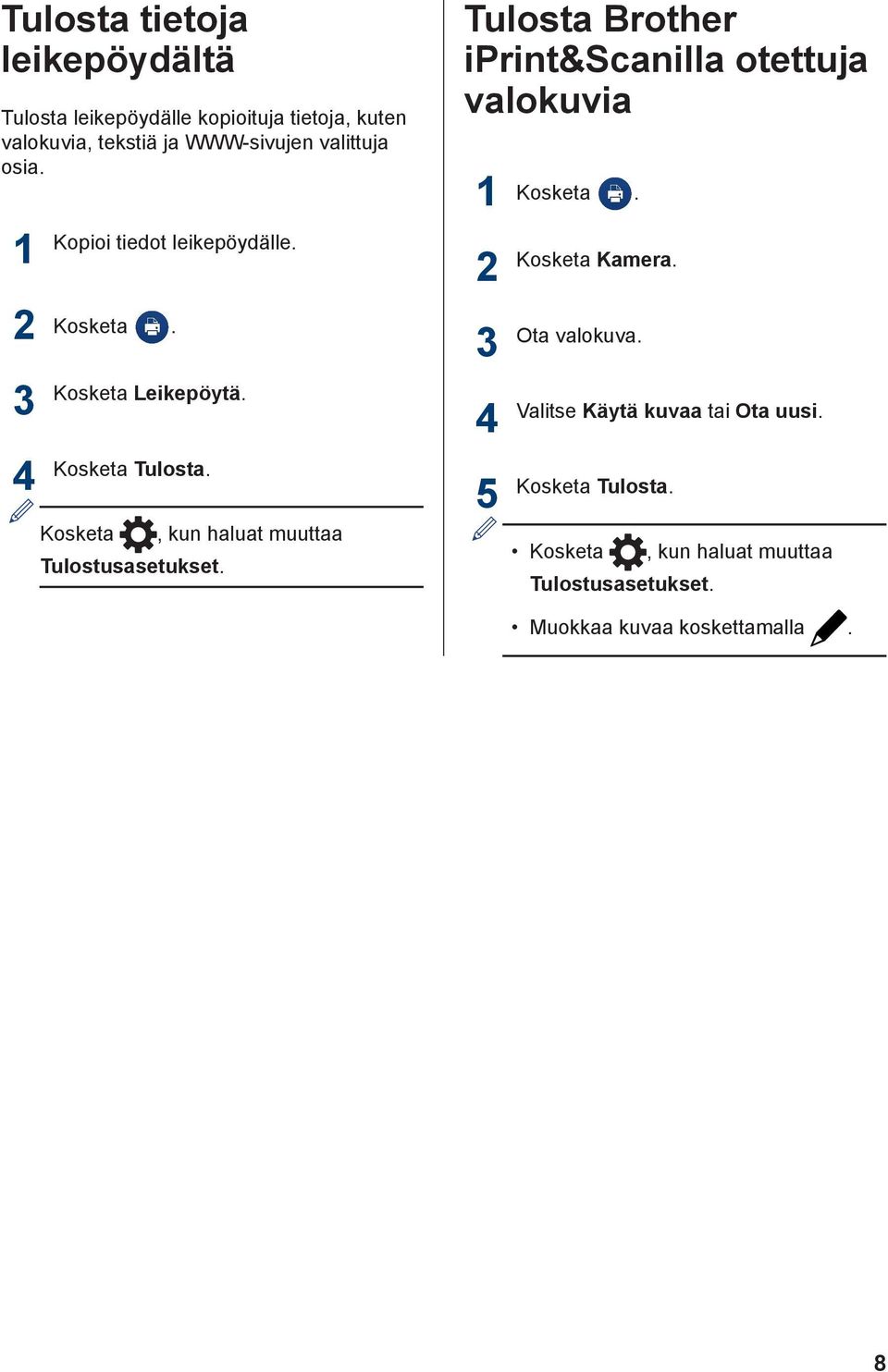Kosketa Kamera. Kosketa. Kosketa Leikepöytä. Kosketa Tulosta. Kosketa, kun haluat muuttaa Tulostusasetukset.