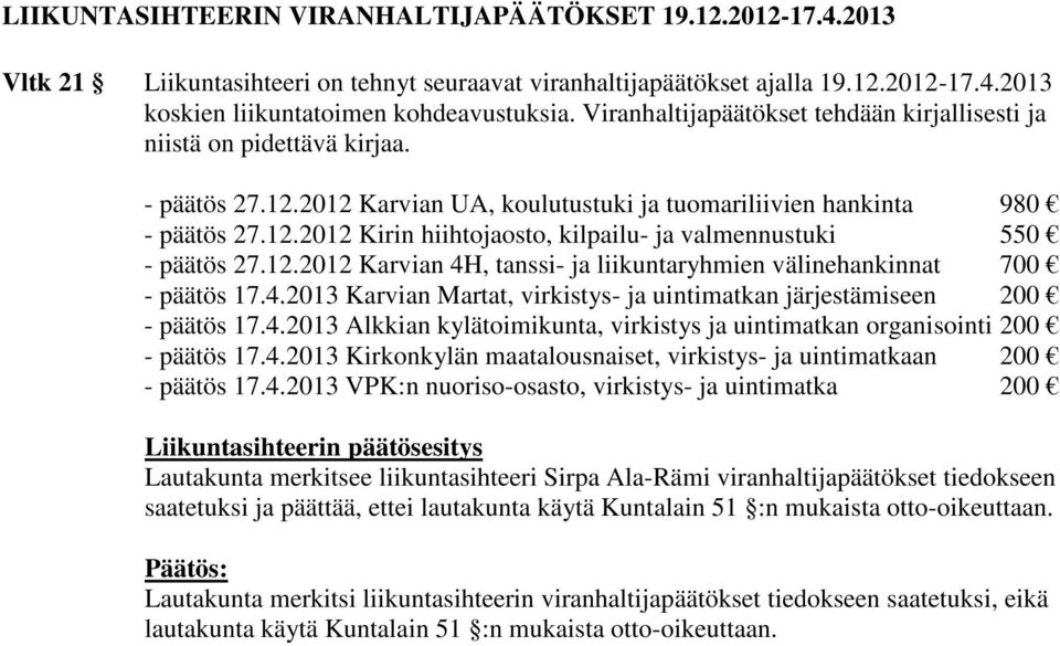 12.2012 Karvian 4H, tanssi- ja liikuntaryhmien välinehankinnat 700 - päätös 17.4.2013 Karvian Martat, virkistys- ja uintimatkan järjestämiseen 200 - päätös 17.4.2013 Alkkian kylätoimikunta, virkistys ja uintimatkan organisointi 200 - päätös 17.