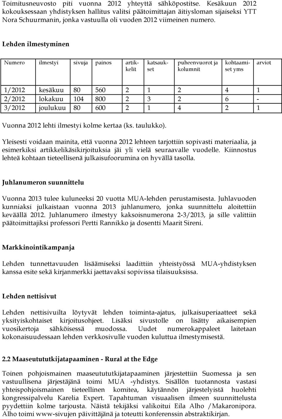 Lehden ilmestyminen puheenvuorot ja kolumnit Numero ilmestyi sivuja painos artikkelit katsaukset kohtaamiset yms arviot 1/2012 kesäkuu 80 560 2 1 2 4 1 2/2012 lokakuu 104 800 2 3 2 6-3/2012 joulukuu