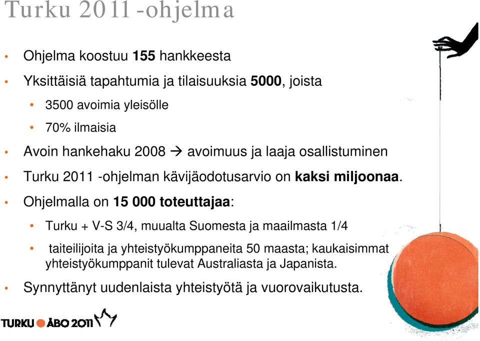 Ohjelmalla on 15 000 toteuttajaa: Turku + V-S 3/4, muualta Suomesta ja maailmasta 1/4 taiteilijoita ja yhteistyökumppaneita 50