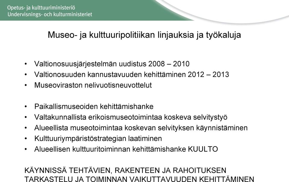 koskeva selvitystyö Alueellista museotoimintaa koskevan selvityksen käynnistäminen Kulttuuriympäristöstrategian laatiminen