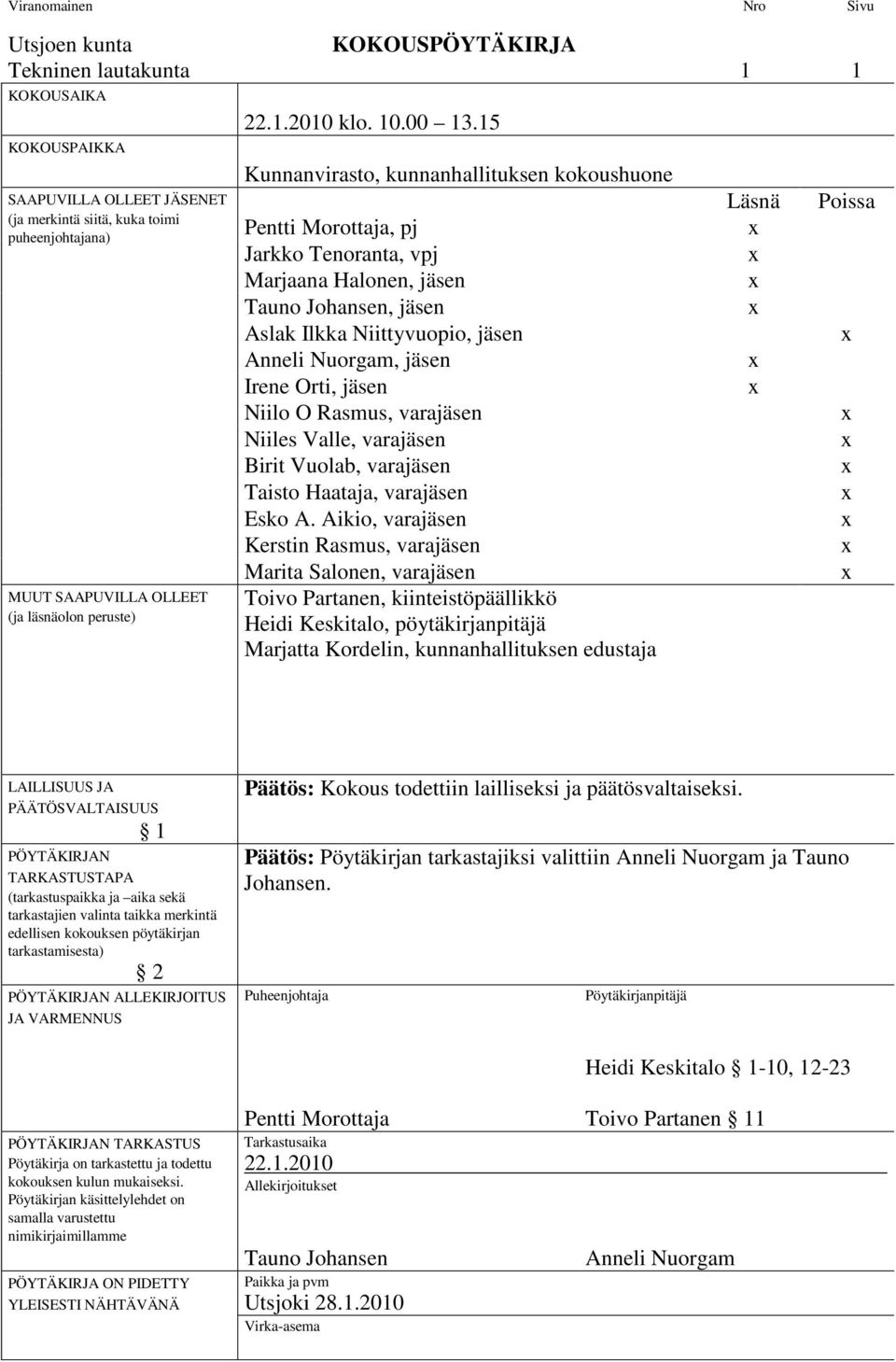 15 Kunnanvirasto, kunnanhallituksen kokoushuone Pentti Morottaja, pj Jarkko Tenoranta, vpj Marjaana Halonen, jäsen Tauno Johansen, jäsen Aslak Ilkka Niittyvuopio, jäsen Anneli Nuorgam, jäsen Irene