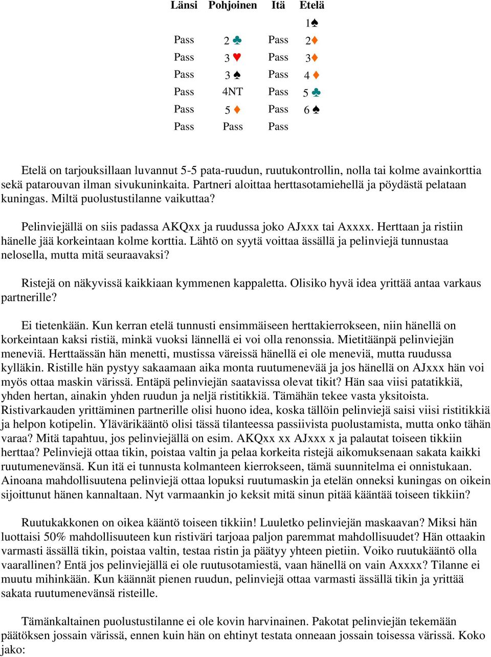 Pelinviejällä on siis padassa AKQxx ja ruudussa joko AJxxx tai Axxxx. Herttaan ja ristiin hänelle jää korkeintaan kolme korttia.