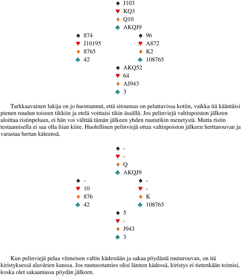 Mutta ristin testaamisella ei saa olla liian kiire. Huolellinen pelinviejä ottaa valtinpoiston jälkeen herttarouvan ja varastaa hertan käteensä.