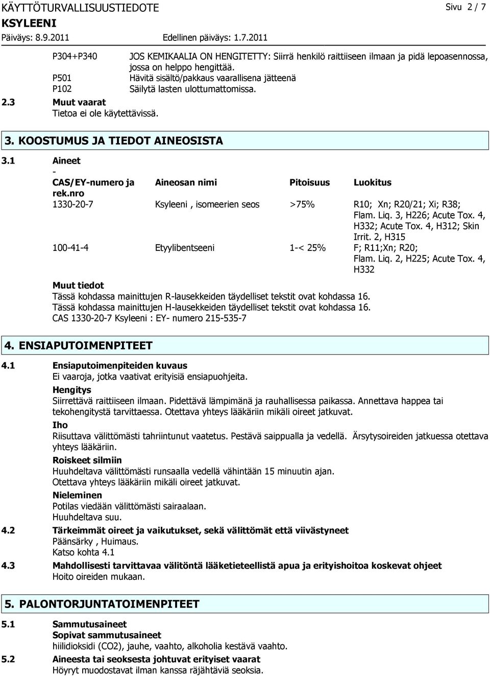 KOOSTUMUS JA TIEDOT AINEOSISTA 3.1 Aineet - CAS/EY-numero ja Aineosan nimi Pitoisuus Luokitus rek.nro 1330-20-7 Ksyleeni, isomeerien seos >75% R10; Xn; R20/21; Xi; R38; Flam. Liq. 3, H226; Acute Tox.