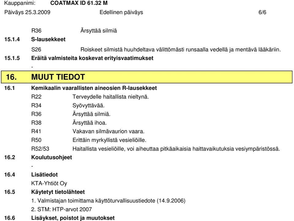 R41 Vakavan silmävaurion vaara. R50 Erittäin myrkyllistä vesieliöille. R52/53 Haitallista vesieliöille, voi aiheuttaa pitkäaikaisia haittavaikutuksia vesiympäristössä. 16.