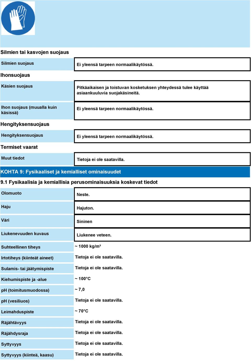 Hengityksensuojaus Hengityksensuojaus Ei yleensä tarpeen normaalikäytössä. Termiset vaarat Muut tiedot KOHTA 9: Fysikaaliset ja kemialliset ominaisuudet 9.