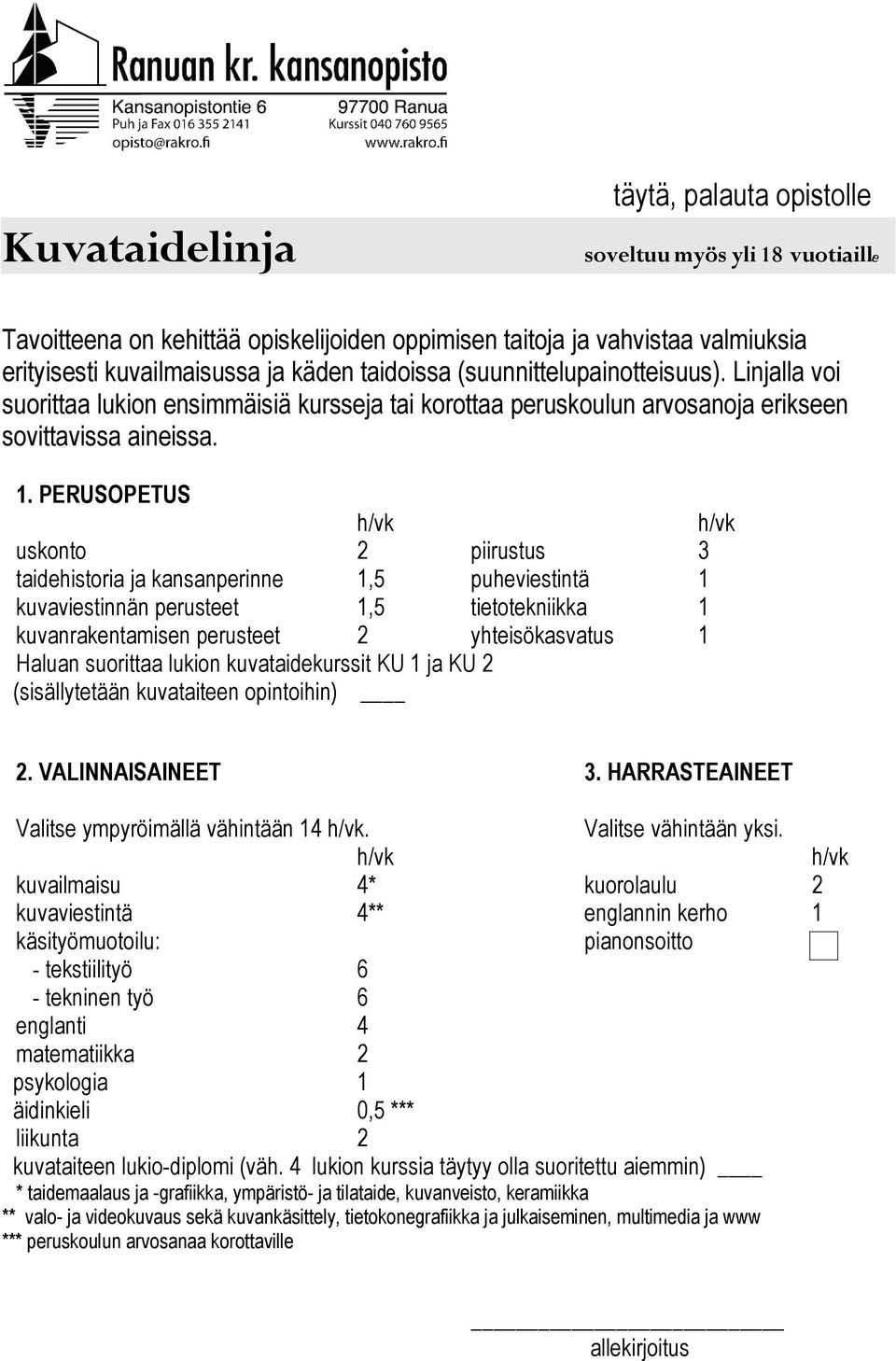 PERUSOPETUS uskonto 2 piirustus 3 taidehistoria ja kansanperinne 1,5 puheviestintä 1 kuvaviestinnän perusteet 1,5 tietotekniikka 1 kuvanrakentamisen perusteet 2 yhteisökasvatus 1 Haluan suorittaa