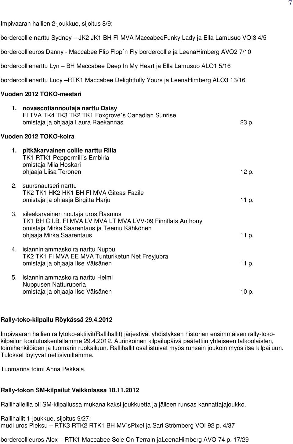 TOKO-mestari 1. novascotiannoutaja narttu Daisy FI TVA TK4 TK3 TK2 TK1 Foxgrove s Canadian Sunrise omistaja ja ohjaaja Laura Raekannas 23 p. Vuoden 2012 TOKO-koira 1.