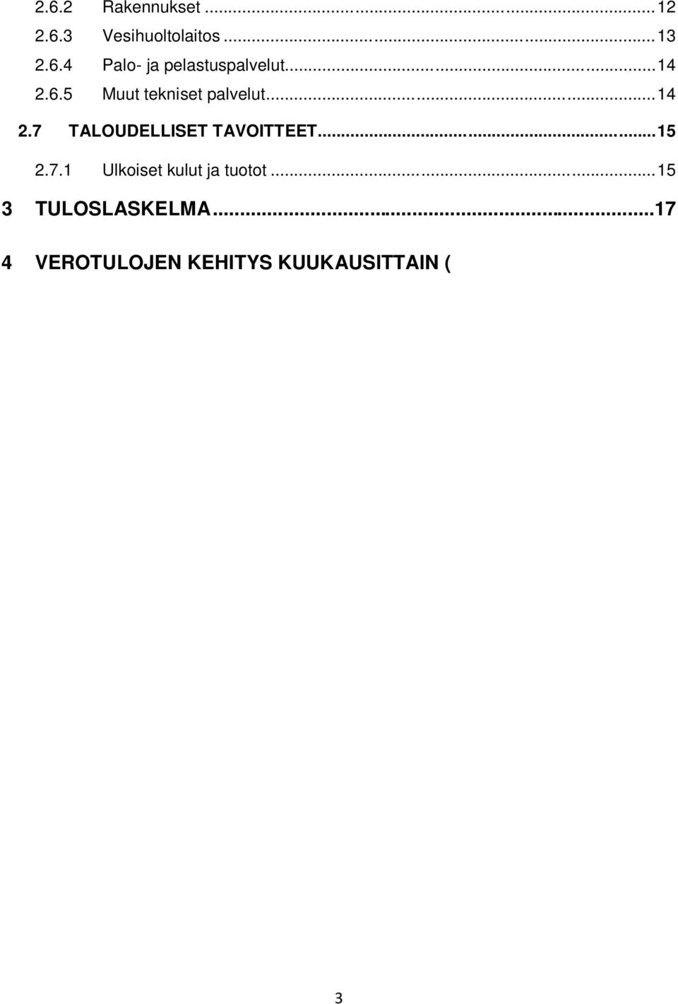 .. 15 3 TULOSLASKELMA... 17 4 VEROTULOJEN KEHITYS KUUKAUSITTAIN ( ) 18 5 INVESTOINTIOSA... 19 5.