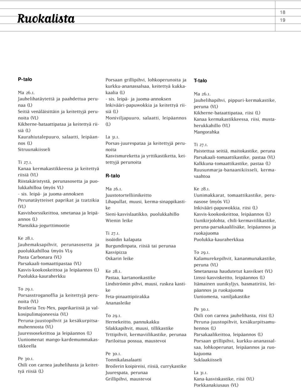 leipäannos (L) Sitruunakiisseli Ti 27.1. Kanaa kermakastikkeessa ja keitettyä riisiä (VL) Riistakäristystä, perunasosetta ja puolukkahilloa (myös VL) - sis.