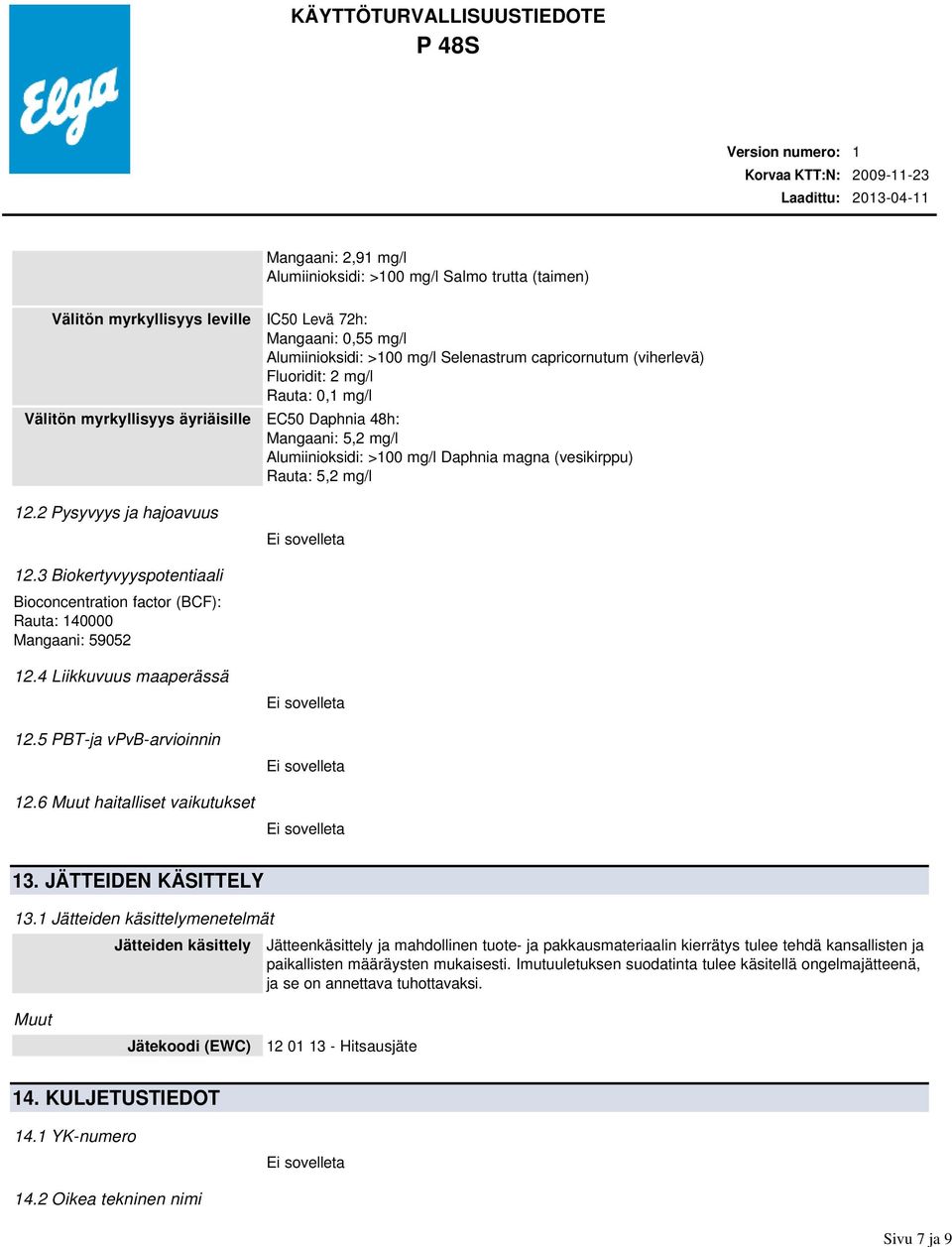 2 Pysyvyys ja hajoavuus 12.3 Biokertyvyyspotentiaali Bioconcentration factor (BCF): Rauta: 140000 Mangaani: 59052 12.4 Liikkuvuus maaperässä 12.5 PBTja vpvbarvioinnin 12.6 haitalliset vaikutukset 13.