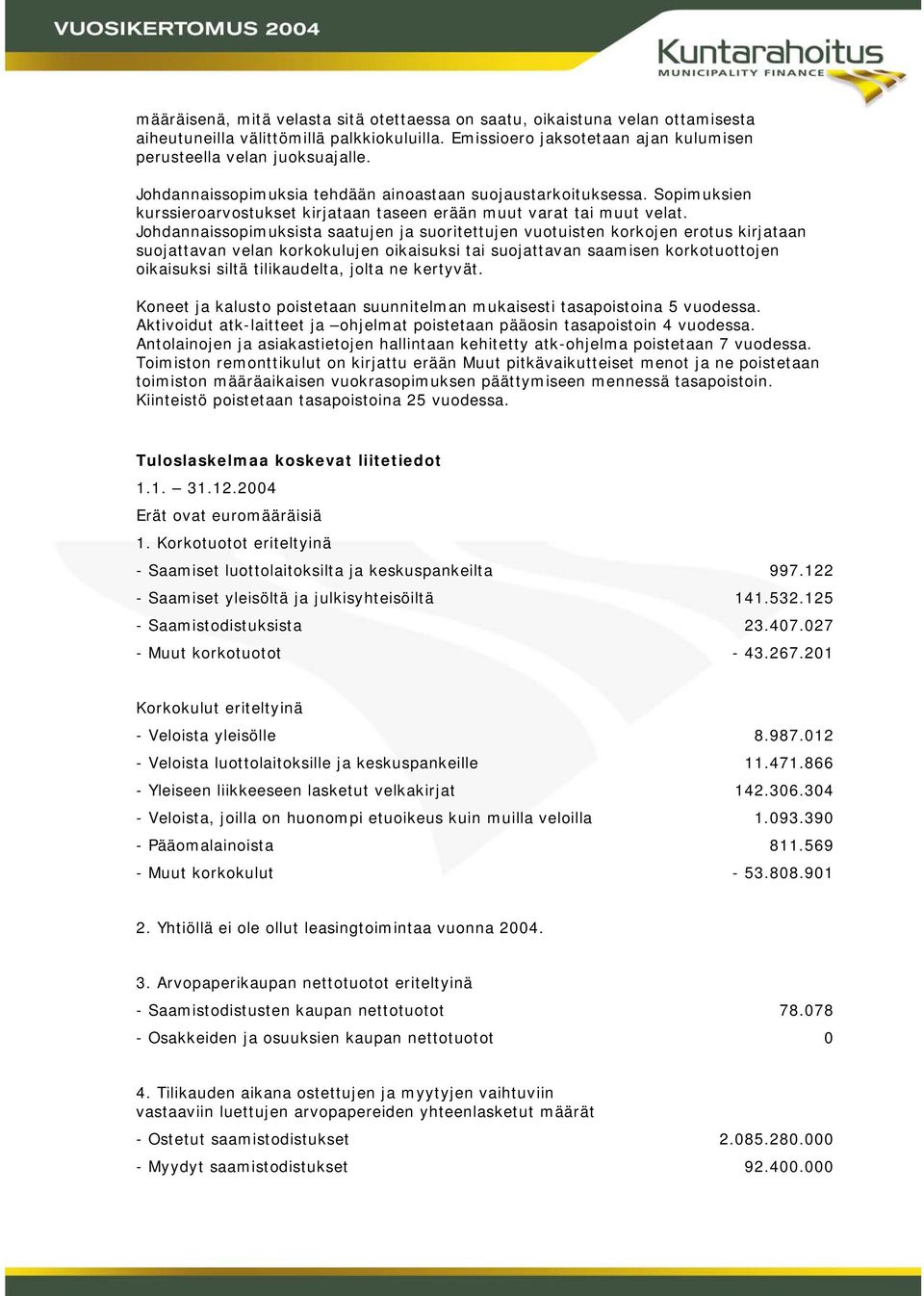 Johdannaissopimuksista saatujen ja suoritettujen vuotuisten korkojen erotus kirjataan suojattavan velan korkokulujen oikaisuksi tai suojattavan saamisen korkotuottojen oikaisuksi siltä tilikaudelta,