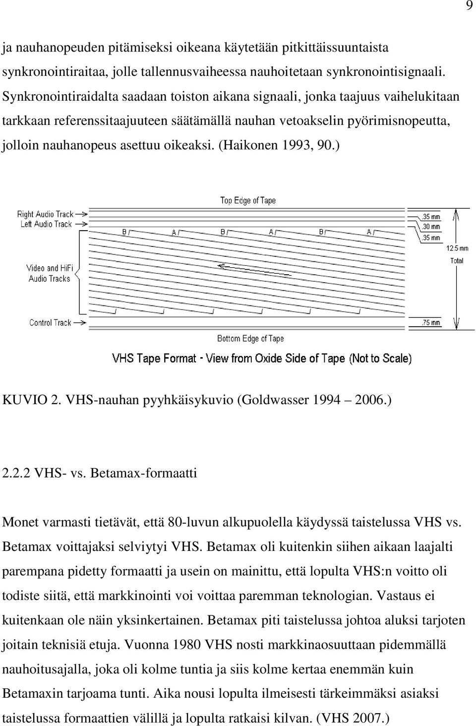 (Haikonen 1993, 90.) KUVIO 2. VHS-nauhan pyyhkäisykuvio (Goldwasser 1994 2006.) 2.2.2 VHS- vs. Betamax-formaatti Monet varmasti tietävät, että 80-luvun alkupuolella käydyssä taistelussa VHS vs.