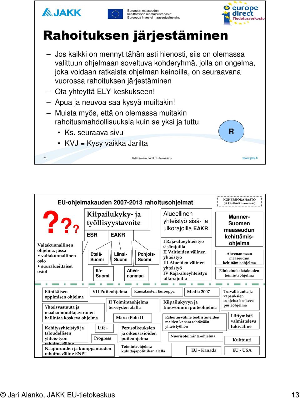 seuraava sivu KVJ = Kysy vaikka Jarilta R 25 Valtakunnallinen ohjelma, jossa valtakunnallinen osio suuralueittaiset osiot EU-ohjelmakauden 2007-2013 rahoitusohjelmat?