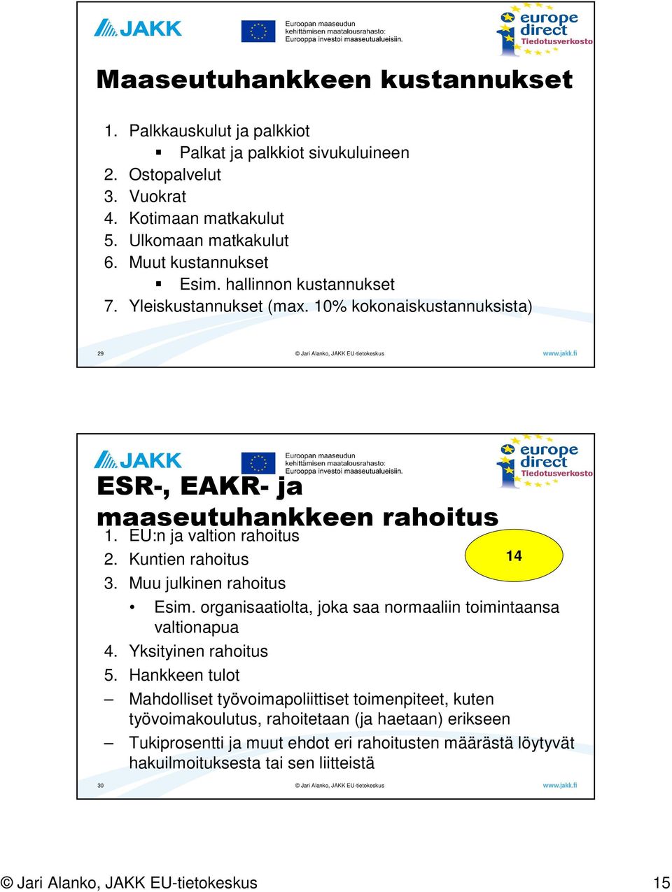 Kuntien rahoitus 3. Muu julkinen rahoitus Esim. organisaatiolta, joka saa normaaliin toimintaansa valtionapua 4. Yksityinen rahoitus 5.