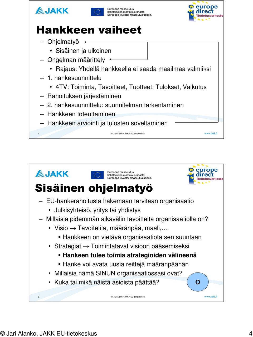 hankesuunnittelu: suunnitelman tarkentaminen Hankkeen toteuttaminen Hankkeen arviointi ja tulosten soveltaminen 7 Sisäinen ohjelmatyö EU-hankerahoitusta hakemaan tarvitaan organisaatio Julkisyhteisö,