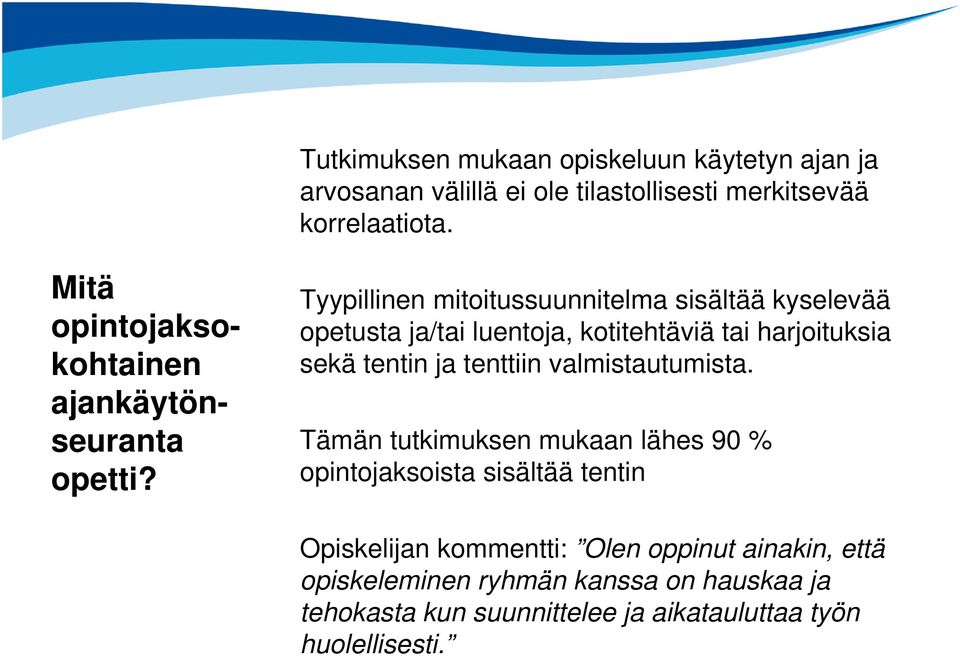 Tyypillinen mitoitussuunnitelma sisältää kyselevää opetusta ja/tai luentoja, kotitehtäviä tai harjoituksia sekä tentin ja tenttiin